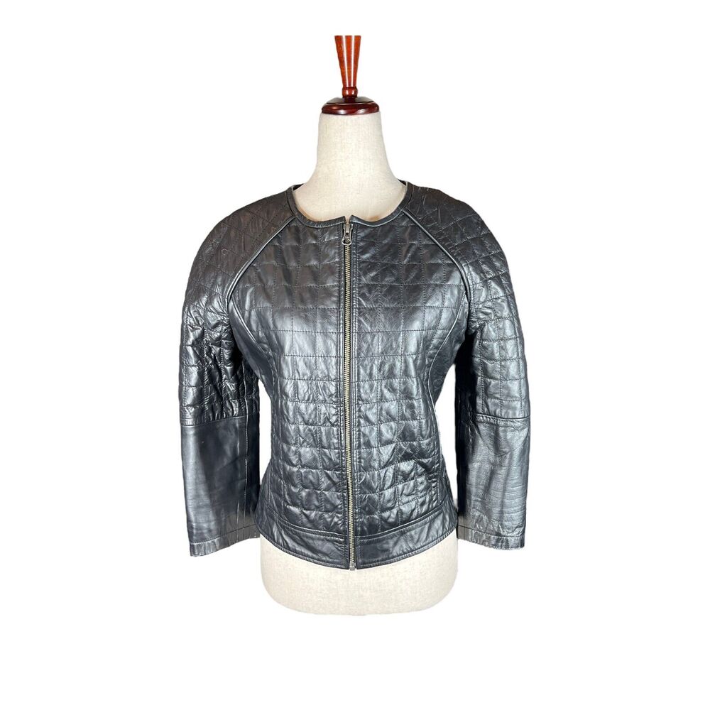 Asos Women's Black Genuine 100% Leather Quilted‎ Jacket 4 Zipper Cuffs